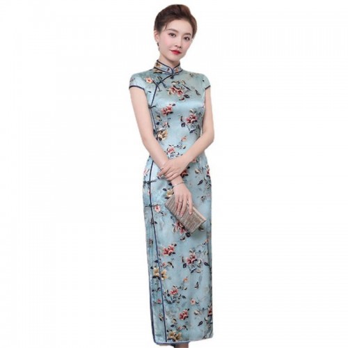 Silk cheongsam Chinese  Dresses Qipao for women High-end mulberry silk oriental green floral retro long dress for singers miss etiquette host